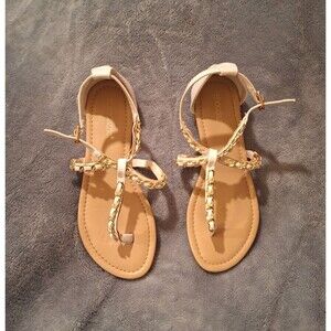 SHOEDAZZLE Letta Women 6 Sandals White Gold Strappy Flats Buckle